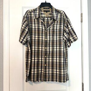 TOMMY HILFIGER | Men’s Plaid Short Sleeve Button Down Shirt  | Blue Tan   | XL